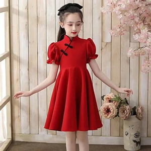 女童旗袍连衣裙新款中国风红色夏季复古儿童公主裙夏季女孩洋气
