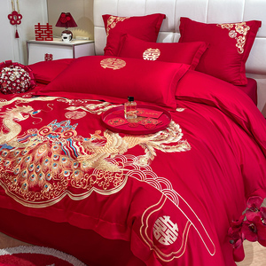 高档中式龙凤刺绣结婚四件套大红色床单被套纯棉喜被婚庆床上用品