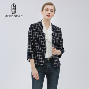 MINZE STYLE/名师路新款休闲西装外套女格子西服女上衣修身气质