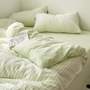 呼噜岛 ins绿色条纹全棉水洗棉四件套纯棉韩式被套床单笠床上用品