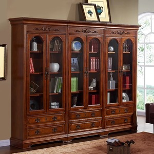 美式实木书柜书房书橱复古书架带转角落地收纳储物柜欧式组合书柜