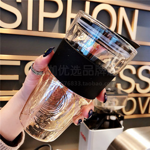新品costa玻璃杯高硼硅水杯男女简约咖啡杯欧式双层随行杯带杯盖