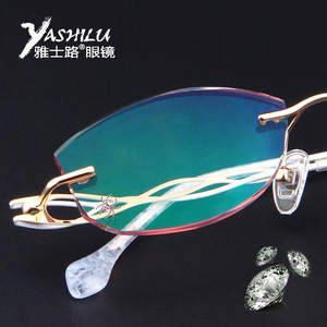 雅士路钛合金无框眼镜女钻石切割近视眼镜架切边雕花成品度数眼镜