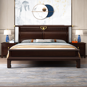 新中式实木床1.8米双人婚床古典禅意卧室家具1.5米轻奢高箱仿古床