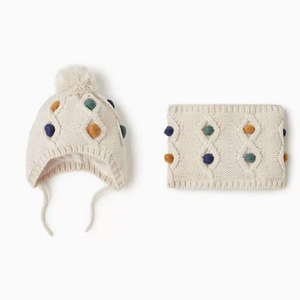 秋冬新款朵朵双层儿童婴儿宝宝男童女童针织毛线帽子围脖套装