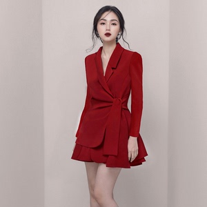 法式名媛春夏红色洋装小礼服气质高腰OL西装套装裙聚会职业连衣裙