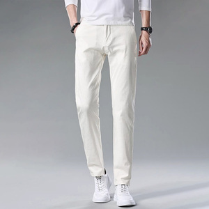 高端纯棉休闲裤男士2024夏季新款直筒白色裤子男修身米白色男裤
