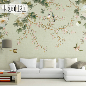 新中式电视背景墙壁纸花鸟墙纸无缝墙布卧室壁布手绘壁画客厅美式