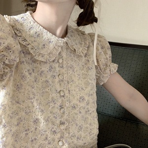 23SS 淡黄色刺绣娃娃领精致小碎花衬衫半身裙套装女
