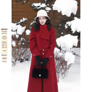 70元券【朱砂】新中式优雅红色新年外套女围巾款全羊毛双面呢大衣
