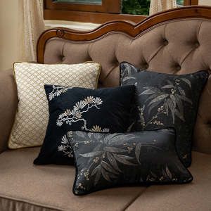 新中式抱枕沙发客厅腰枕美式高级感靠枕现代轻奢靠垫套黑色刺绣套