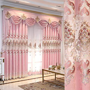 欧式高档新款客厅粉色婚房温馨加厚雪尼尔布料镂空绣花窗帘遮光