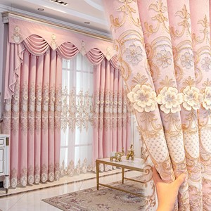 新品粉色雪尼尔欧式加厚窗帘高端婚房绣花浮雕立体遮光窗帘成品