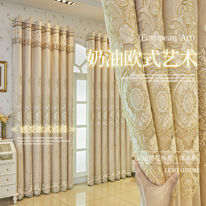 现代简约高级感奶油风窗帘双层刺绣花蕾丝一体客厅卧室全遮光加厚