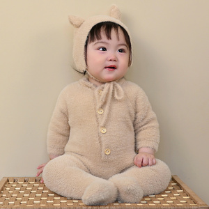 婴儿网红套装 洋气熊熊连体衣八个月宝宝衣服冬天连脚哈衣家居服6