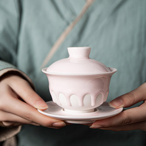 羊脂玉白瓷徐福坤大师富得流油三才盖碗茶杯陶瓷功夫茶具茶碗