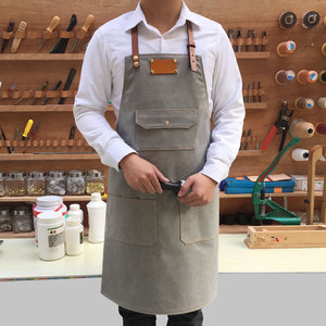 韩版围裙定做浅灰色牛仔帆布工作服咖啡店西餐厅绘画真皮定制LOGO
