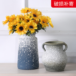 新中式简约磨砂陶罐花瓶插花仿真向日葵花束复古花器家居客厅摆件