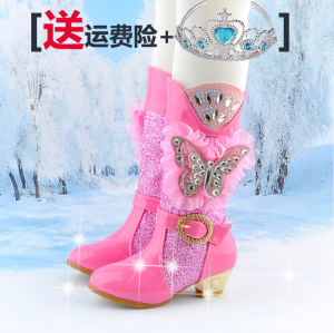 儿童女冬季长靴子高跟鞋加绒洋气女童靴子高筒韩版女孩走秀公主靴