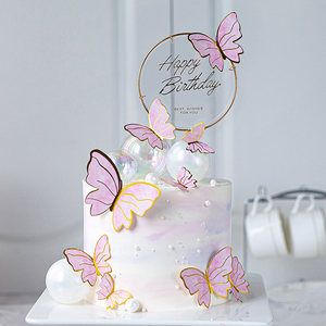网红烫金金边仿真纸质蝴蝶蛋糕装饰品创意粉色插件生日派对摆件