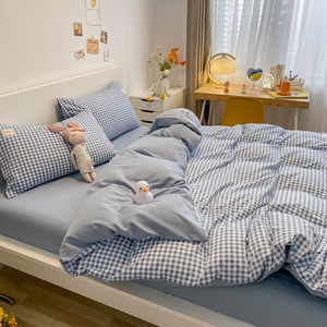 日式水洗棉四件套1.5m床上用品格子被单人大学生宿舍三件套床单款