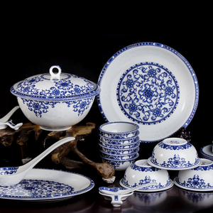 青花玲珑瓷餐具套陶瓷器骨瓷碗盘碟勺景德镇碗碟套装中式碗筷组合