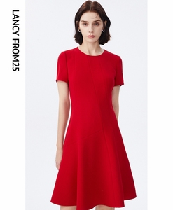 【明星同款】朗姿三醋酸修身显瘦气质休闲红白色连衣裙夏新款裙子
