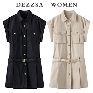 DEZZSA 2024夏装新款休闲工装风低腰配腰带宽肩无袖连衣裙短裙女