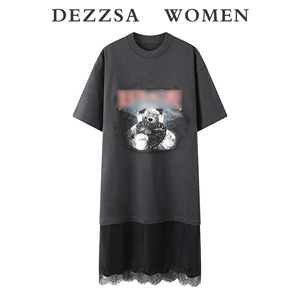 DEZZSA 2024夏装新款复古减龄小熊印花蕾丝拼接短袖T恤连衣裙女