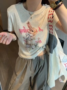 韩版休闲卡通蝴蝶结小兔子正肩短袖T恤 夏天女装新款小个子短上衣