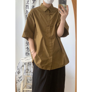 林弯弯新中式复古盘扣夏季纯色中国风宽松衬衫外套男女生短袖衬衣