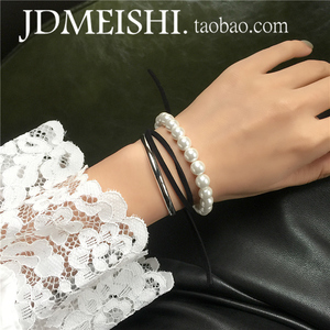日韩版设计感甜美气质简约多层三层珍珠麂皮黑绳手镯手链女韩国