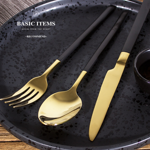 黑柄不锈钢西餐餐具牛排刀叉勺套装 西式餐具金色西餐勺西餐刀