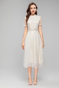 夏季新款米白色仙女裙伴娘礼服重工贴布绣花短袖中长连衣裙纱裙