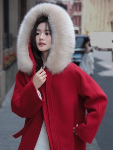 全羊毛系带狐狸大毛领双面呢大衣女秋冬中长款红色毛呢外套加厚新
