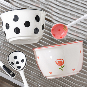 高颜值韩式风可爱陶瓷饭碗家用2碗2勺大容量碗组合餐具套装