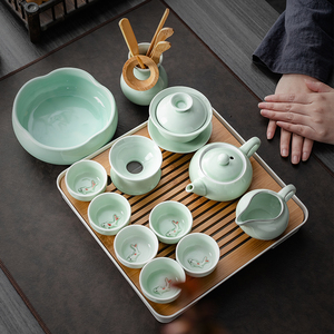 青瓷茶具套装小套家用简约客厅陶瓷鲤鱼茶杯茶壶盖碗茶洗茶盘整套