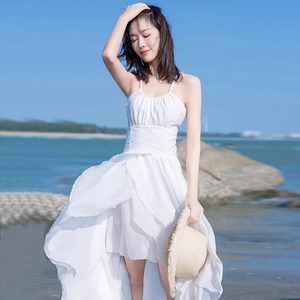 Rsemnia吊带裙露背连衣裙雪纺白色燕尾裙超仙沙滩裙海边度假长裙