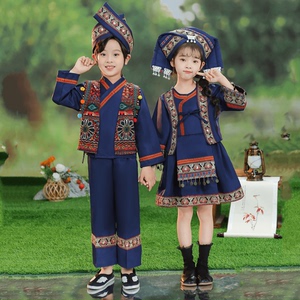 男童少数民族服装儿童毛南族演出衣服女童红色摄影服装长袖舞蹈服