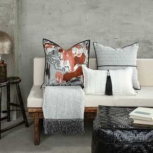 现代新中式样板间抱枕客厅沙发软装搭配靠垫套深灰橙红色方枕腰枕