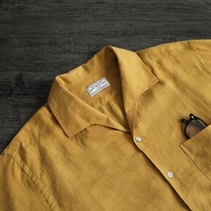 外贸原单丨新款时尚潮流1950姜黄色方领短袖方领衬衫简约