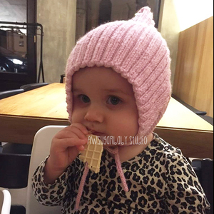 萌遇婴儿宝宝针织毛线帽新生儿系带可爱尖顶帽保暖护耳圣诞毛线帽
