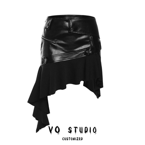 VOstudio 高腰包臀不规则下摆设计感显瘦半身裙PU皮拼接辣妹短裙