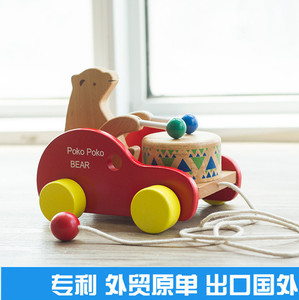 宝宝益智木制拉绳拉线玩具 儿童拖拉学步玩具车小熊敲鼓