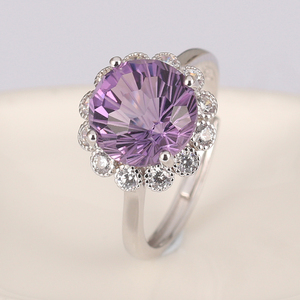 天然水晶戒指女款 s925纯银镶嵌紫水晶烟花切高贵珠宝时尚饰品女