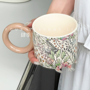 复古英伦风花鸟图案大耳手柄陶瓷马克杯咖啡杯拉花杯子大容量水杯