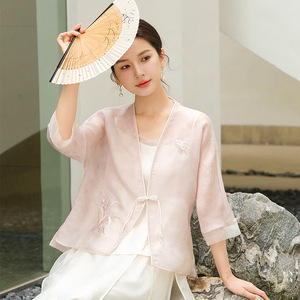 新中式改良夏季国风女装茶服上衣新款天丝禅意刺绣汉服衬衫套装裙