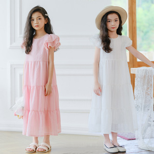 韩版女童甜美提花白色连衣裙夏季24新品公主裙女孩洋气雪纺长裙子