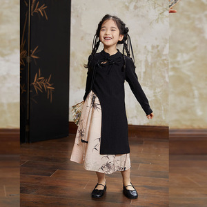 中国风女童新中式旗袍春夏2024儿童针织下摆不规则旗袍半身裙套装