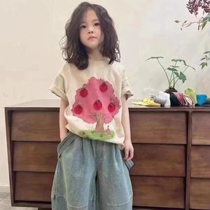 波拉bora韩国童装女童短袖t恤潮牌2024夏季儿童潮酷休闲打底上衣
